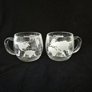 Vintage Etched Clear Glass World Globe Map Coffee Mugs/Cups Set of 2 NESTLE